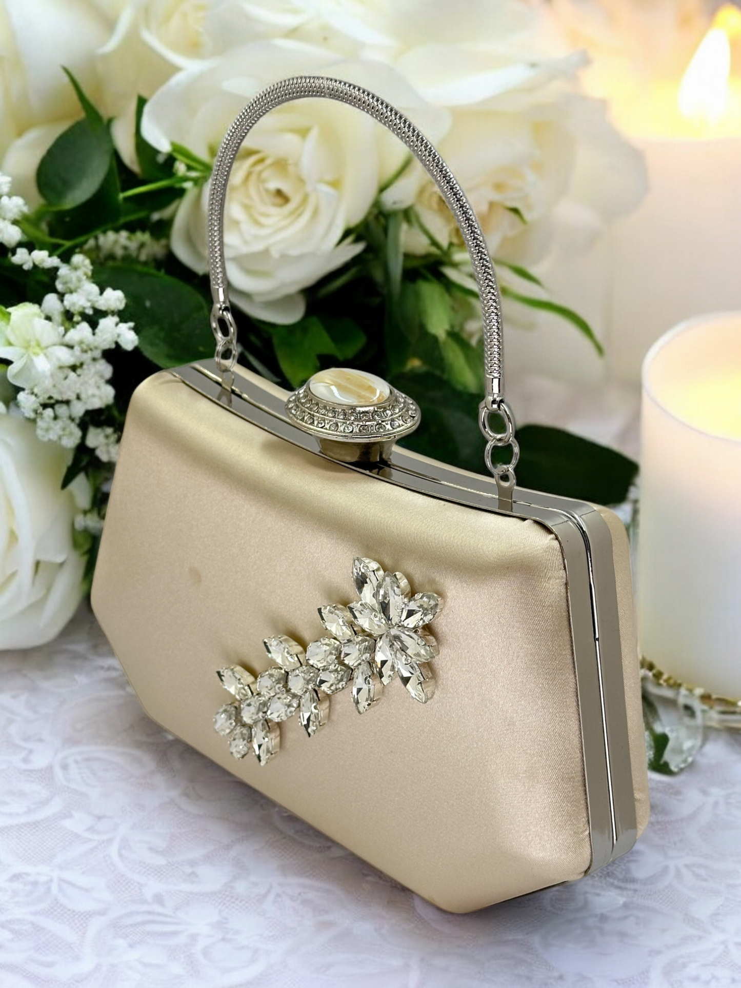 Lüks Ten Nude Abiye Çanta Saten Kristal Taşlı Düğün Clutch