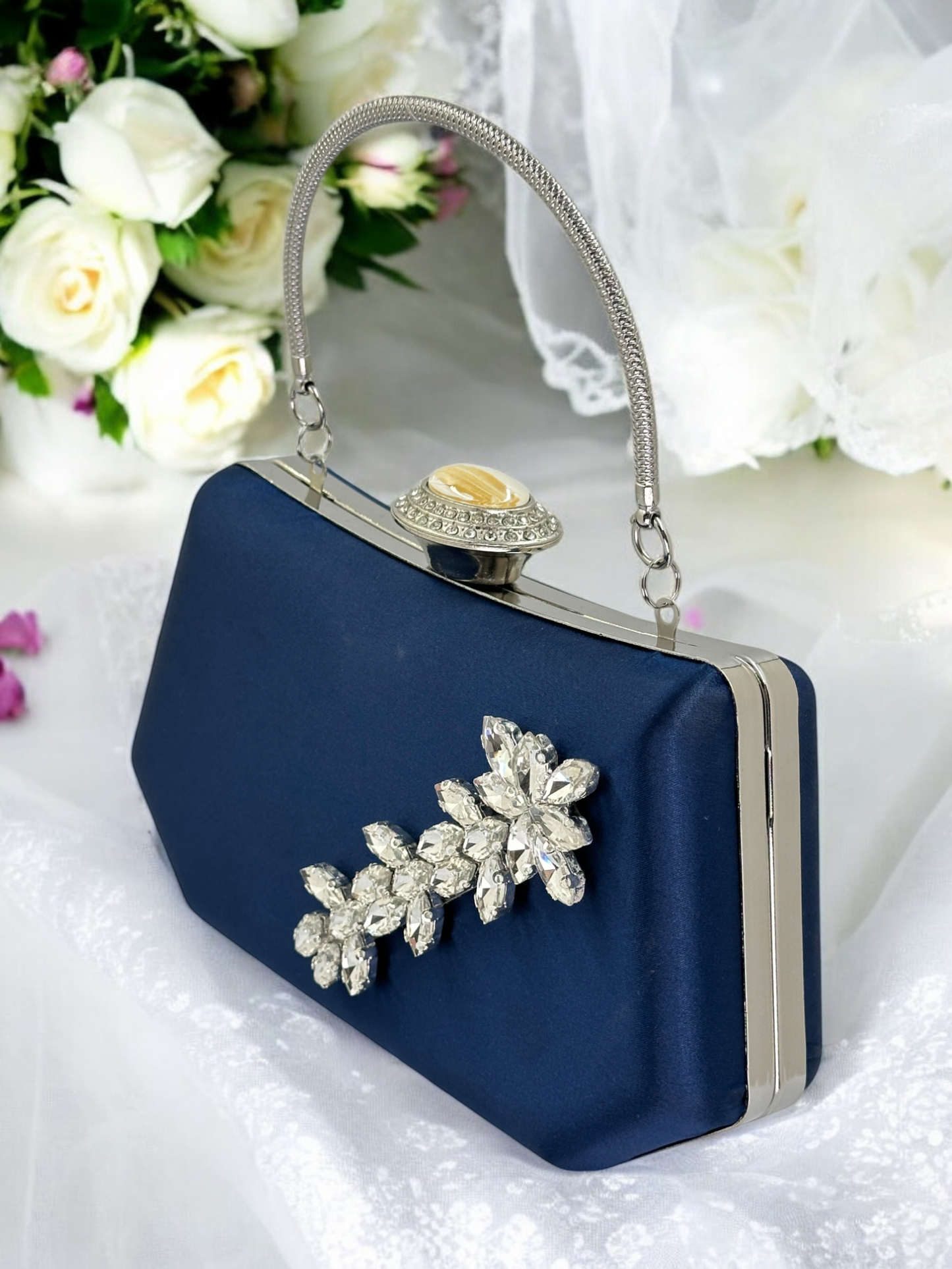 Lacivert Saten Kristal Taşlı İnci Detaylı Abiye Çanta