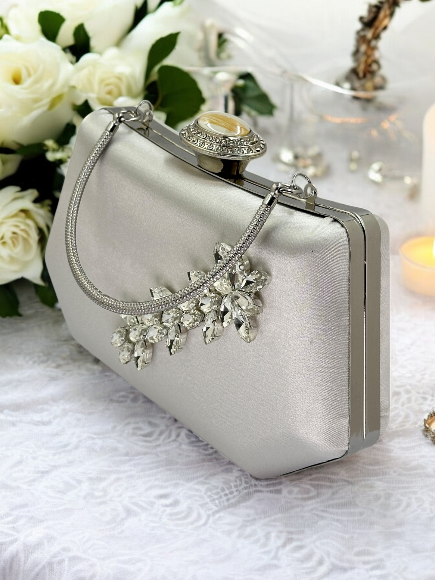 Gümüş Kristal İnci Abiye Çanta | Lüks Saten Gece Çantası