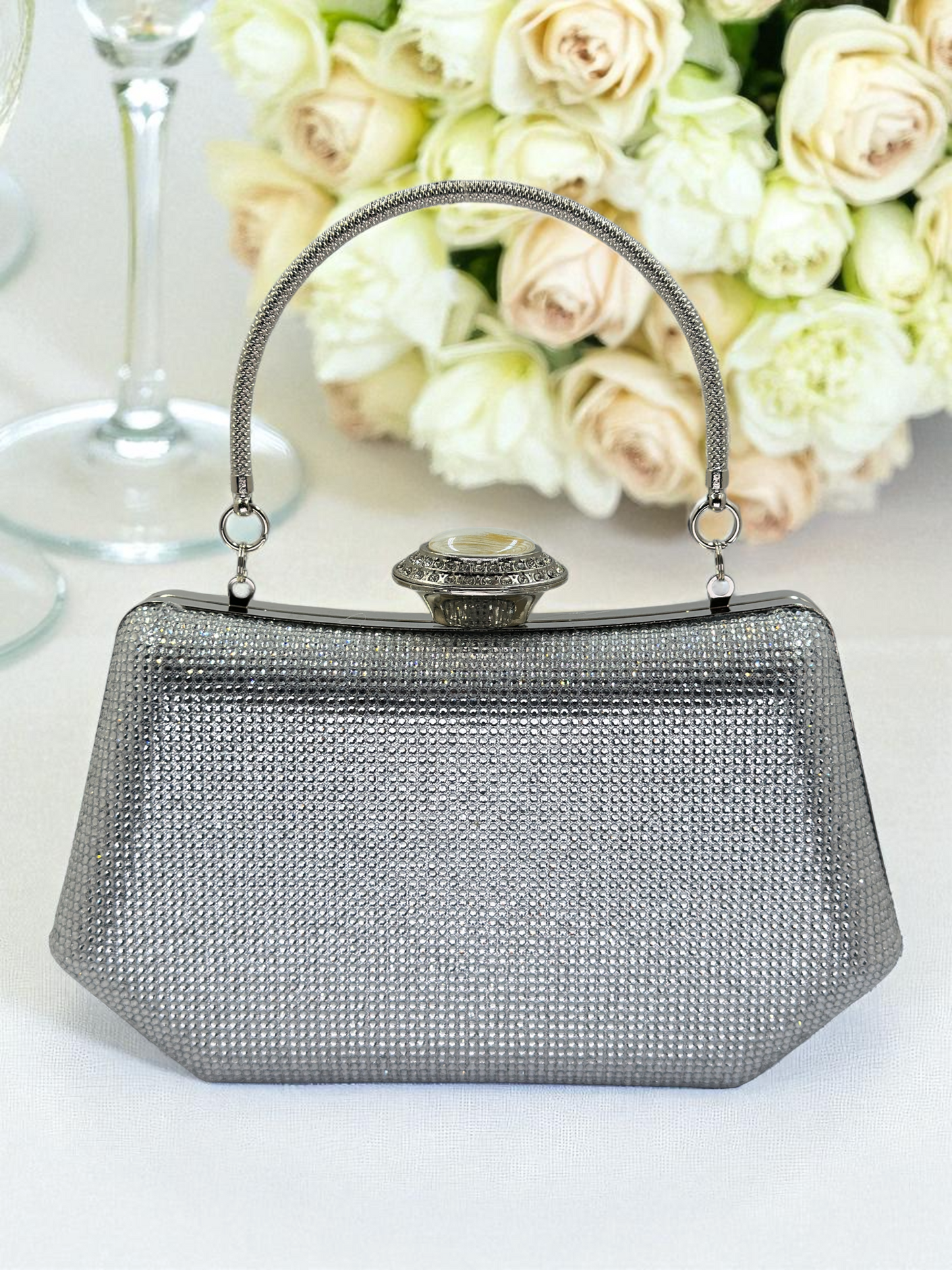 Full Kristal ve İnci Abiye Çanta | Lüks Gümüş Gece Clutch