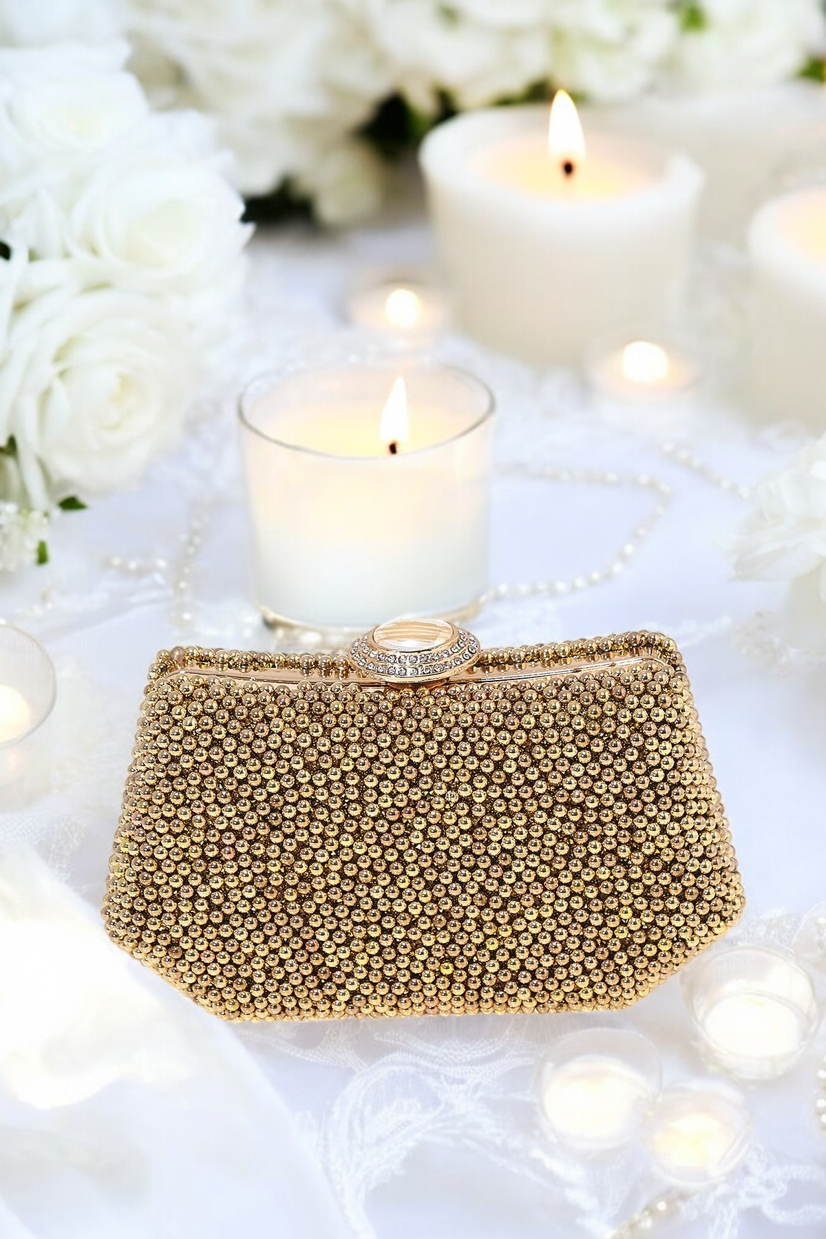 Lüks İnci İşlemeli Abiye Çanta Kadife Gece Clutch 20x12 cm