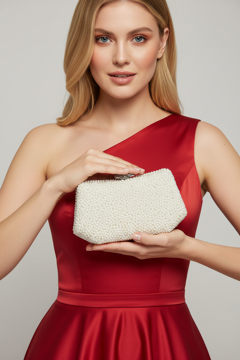 Lüks İnci İşlemeli Abiye Çanta Kadife Gece Clutch 20x12 cm