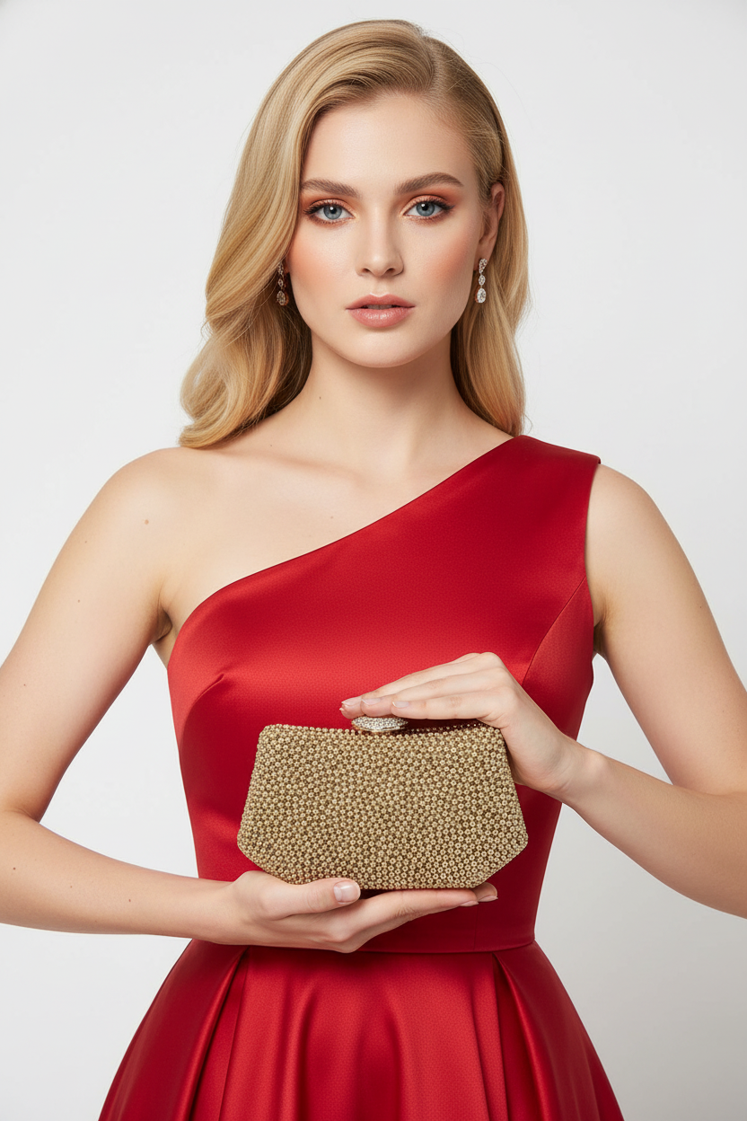 Lüks İnci İşlemeli Abiye Çanta Kadife Gece Clutch 20x12 cm