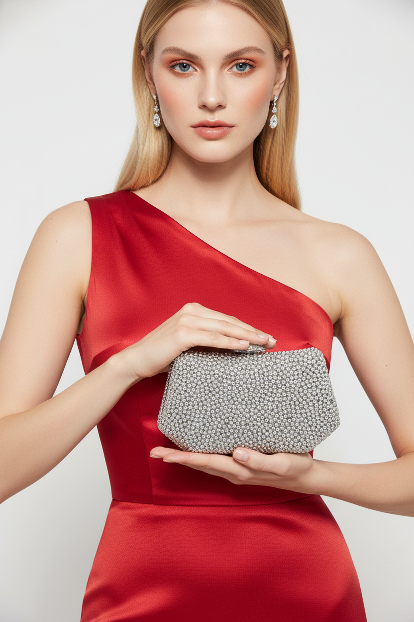 Lüks İnci İşlemeli Abiye Çanta Kadife Gece Clutch 20x12 cm