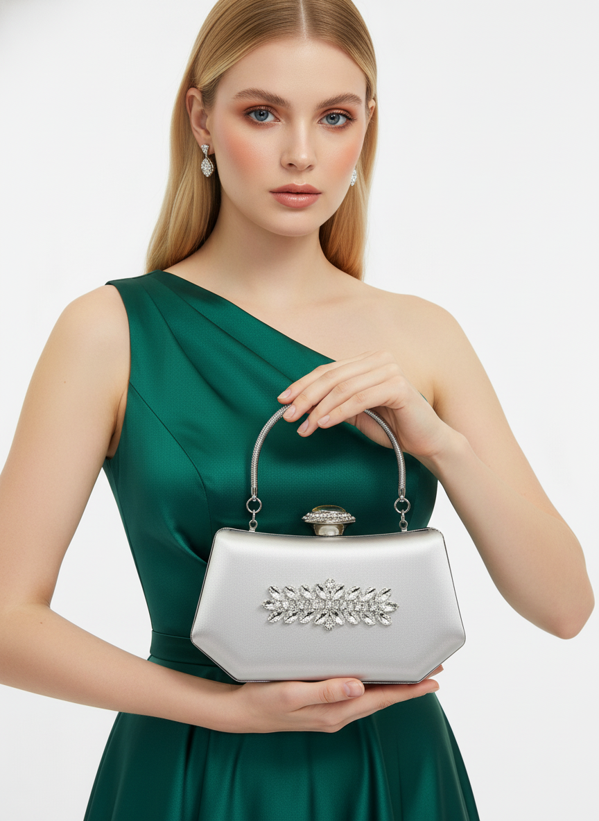 Gümüş Kristal İnci Abiye Çanta | Lüks Saten Gece Çantası