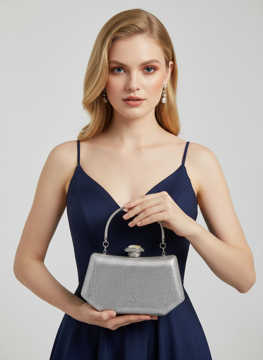 Full Kristal ve İnci Abiye Çanta | Lüks Gümüş Gece Clutch