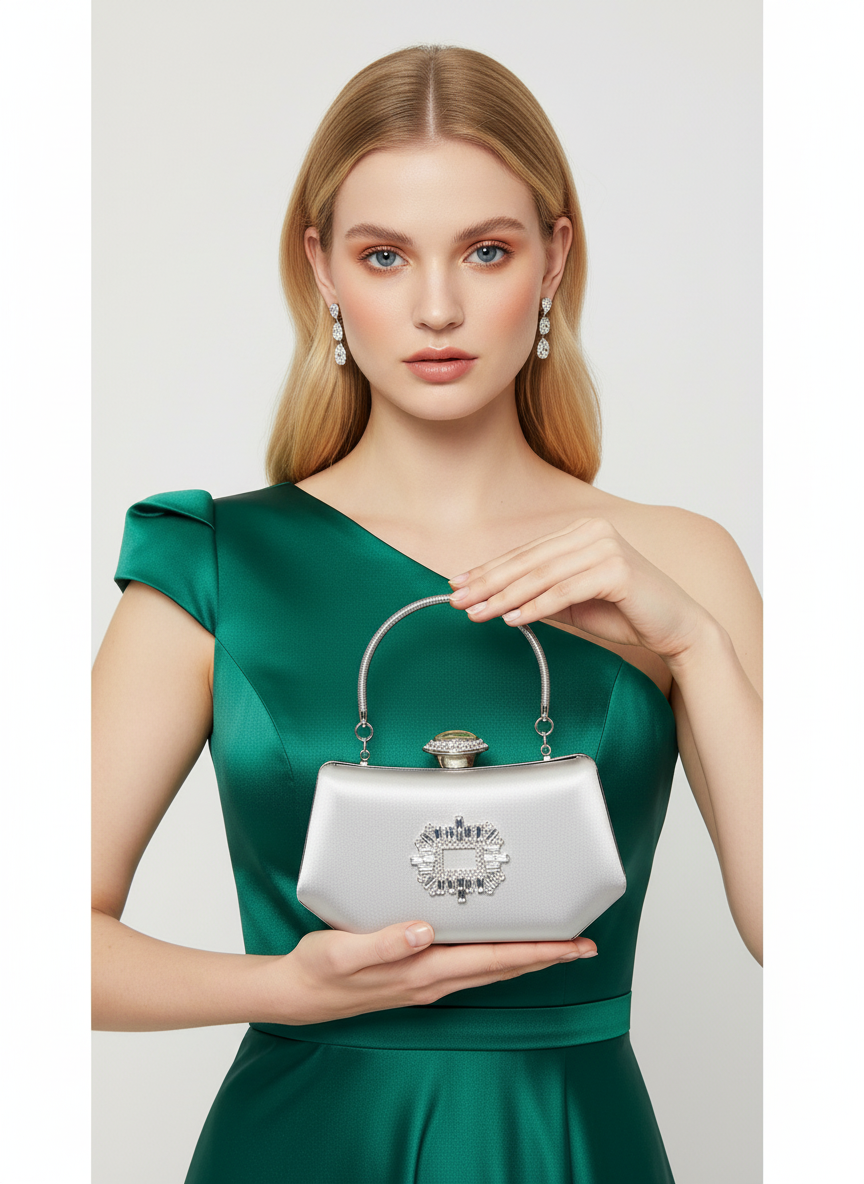 Gümüş Kristal İnci Abiye Çanta | Lüks Saten Gece Çantası