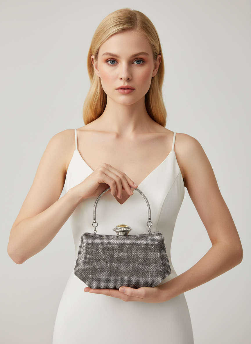 Full Kristal ve İnci Abiye Çanta | Lüks Gümüş Gece Clutch