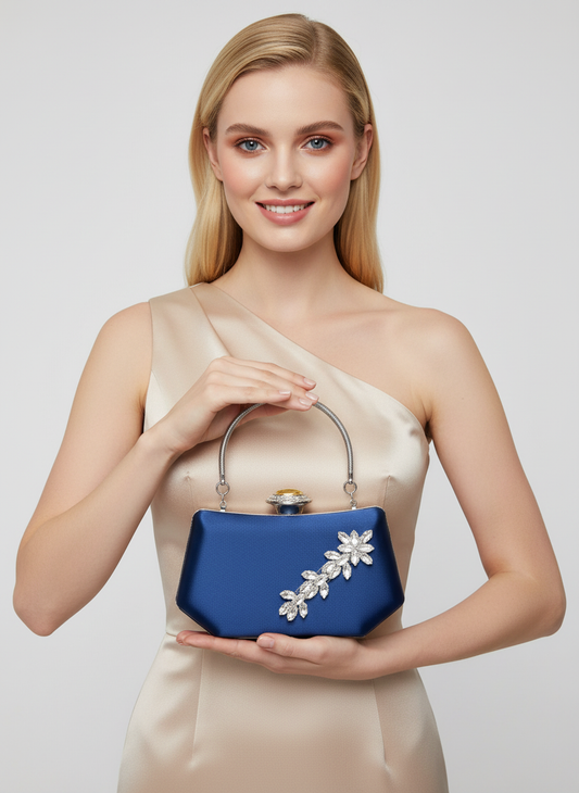 Lacivert Saten Kristal Taşlı İnci Detaylı Abiye Çanta