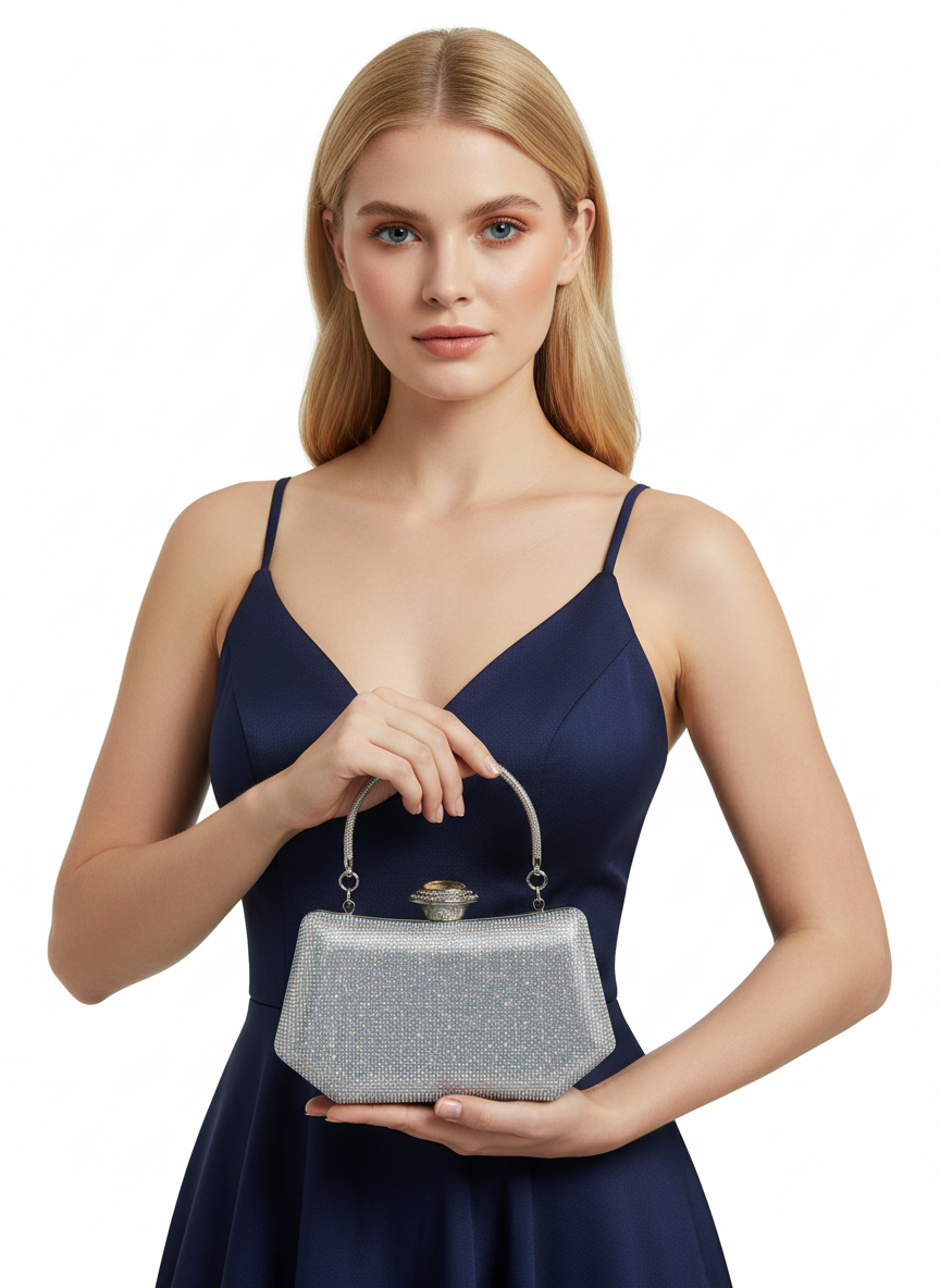 Full Kristal ve İnci Abiye Çanta | Lüks Gümüş Gece Clutch