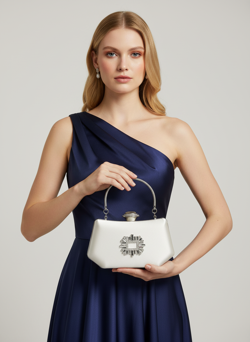 Ekru Saten Kristal İnci Detaylı Lüks Abiye Çanta | Gece Clutch
