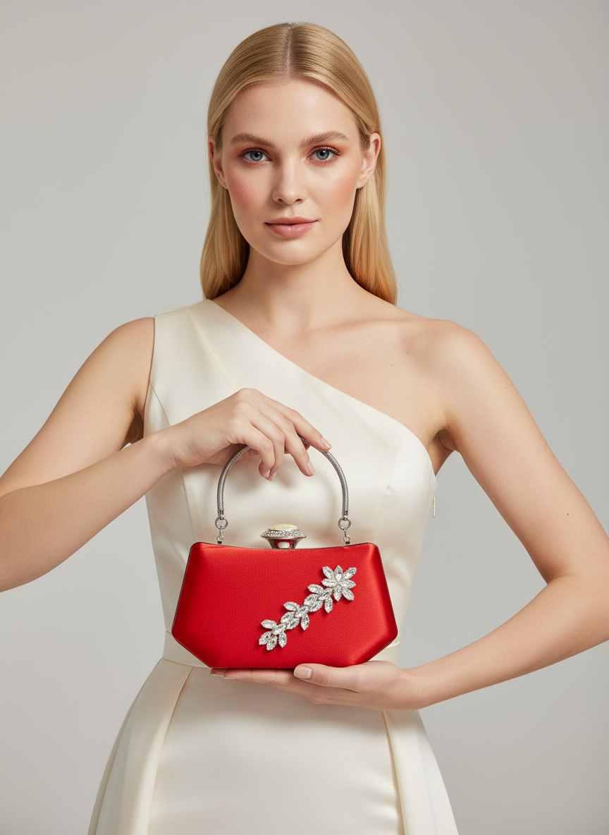 Kırmızı Saten Lüks Abiye Çanta | Kristal Taşlı İnci Clutch
