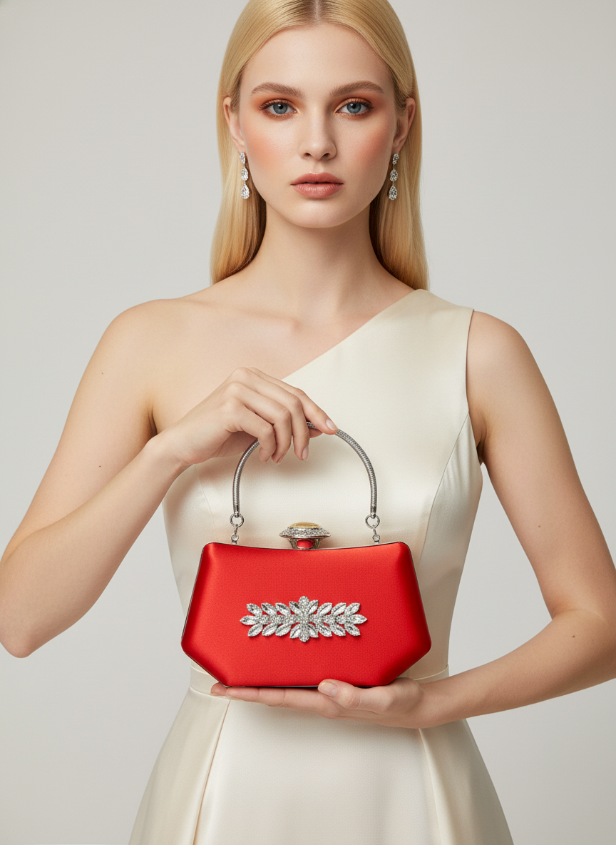 Kırmızı Saten Lüks Abiye Çanta | Kristal Taşlı İnci Clutch