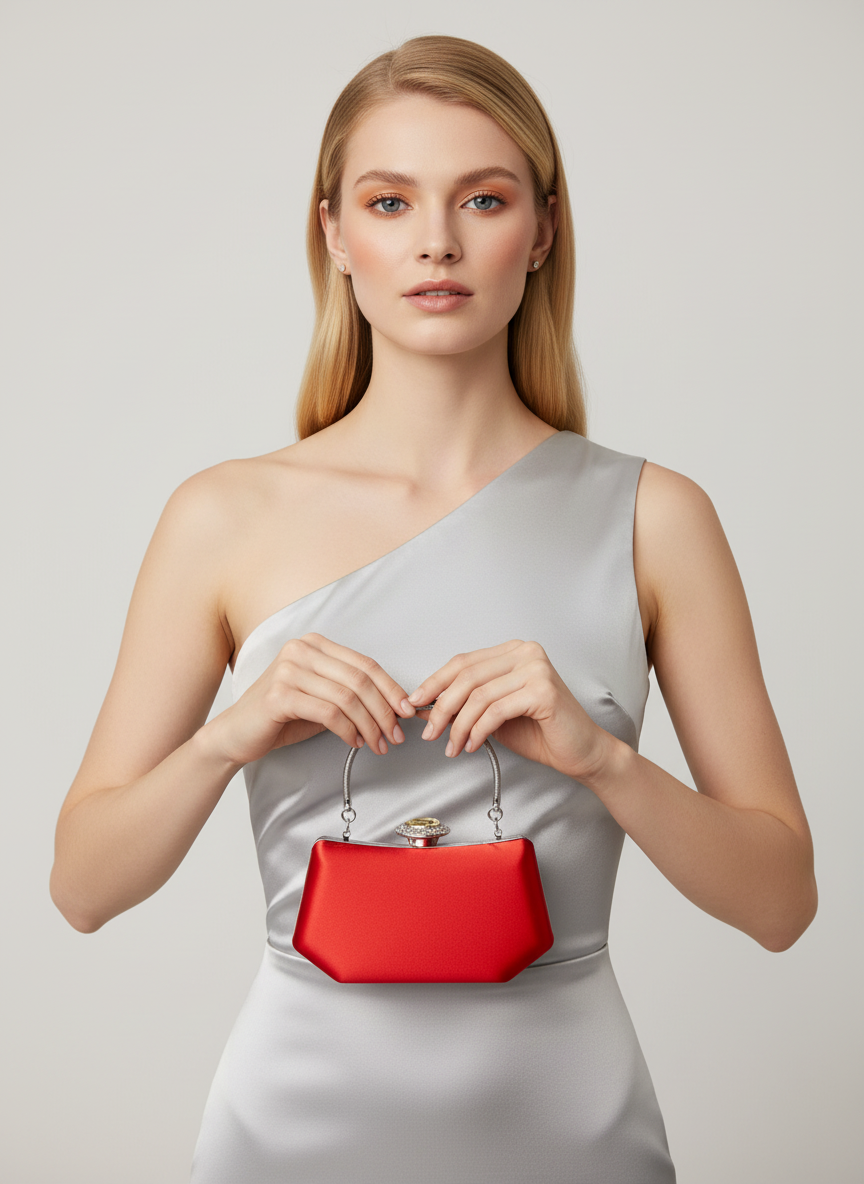 Kırmızı Saten Lüks Abiye Çanta | Kristal Taşlı İnci Clutch