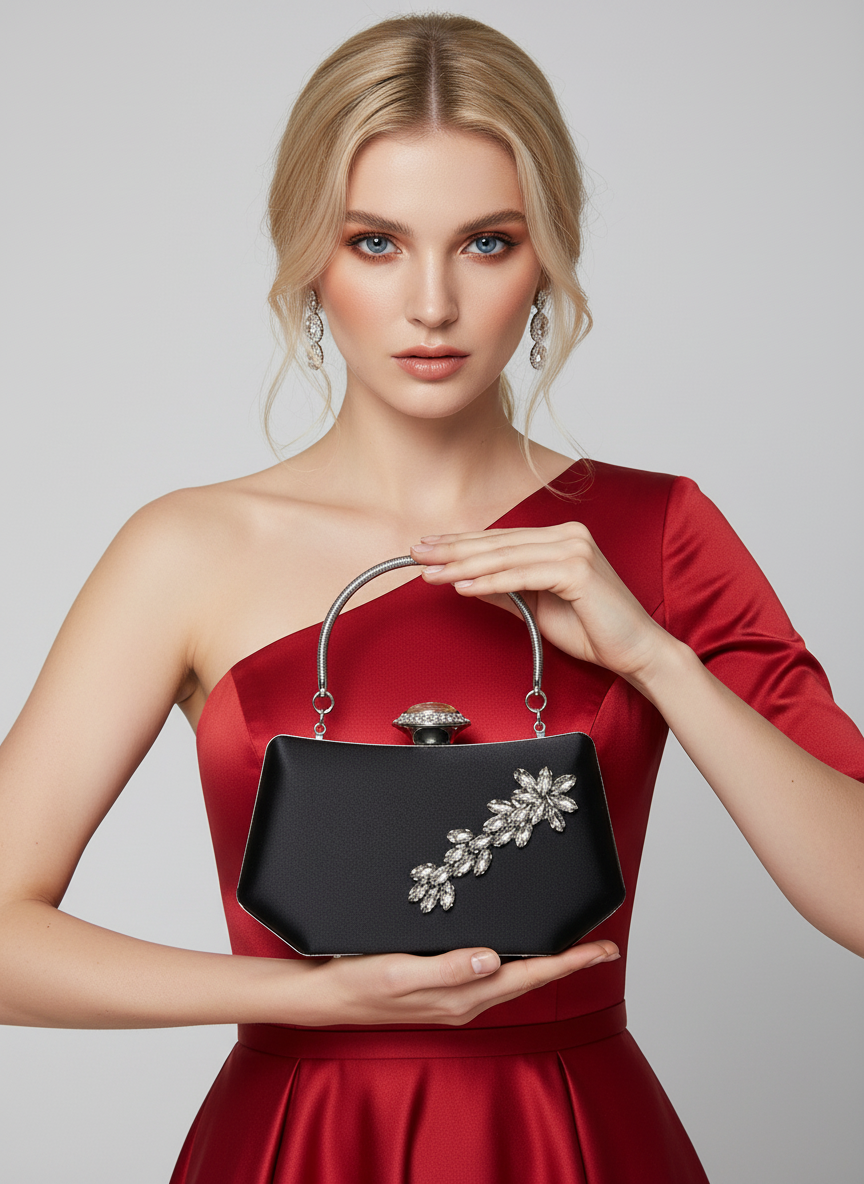 Siyah Saten Kristal Taşlı Lüks Abiye Çanta | Gece ve Düğün Clutch