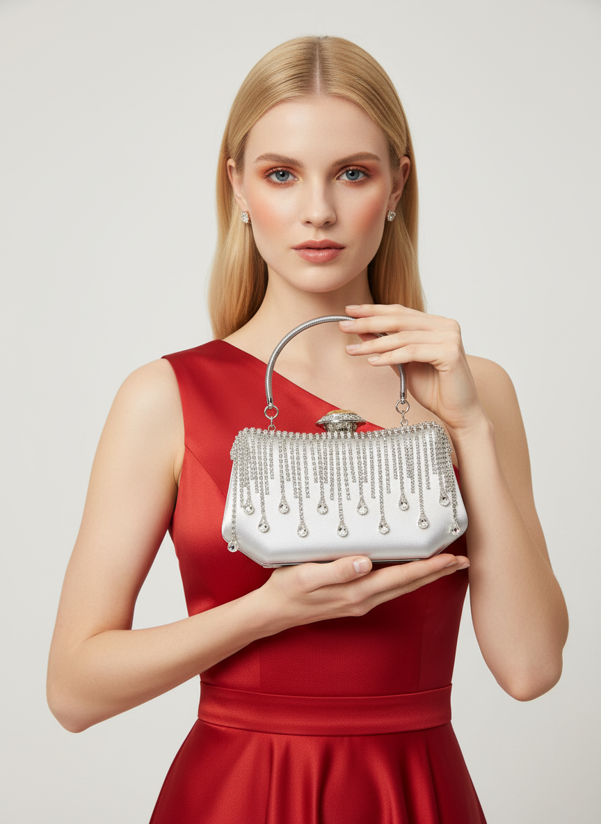 Swarovski Taşlı İnci Detaylı Lüks Saten Abiye Çanta