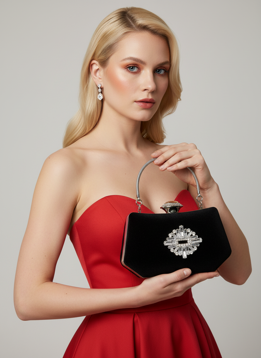 Siyah Kristal Taşlı İnci Detaylı Lüks Abiye Çanta Clutch