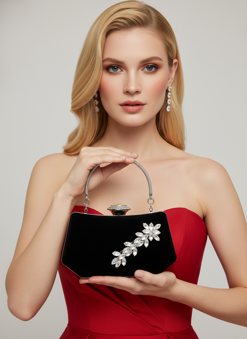 Siyah Kristal Taşlı İnci Detaylı Lüks Abiye Çanta Clutch