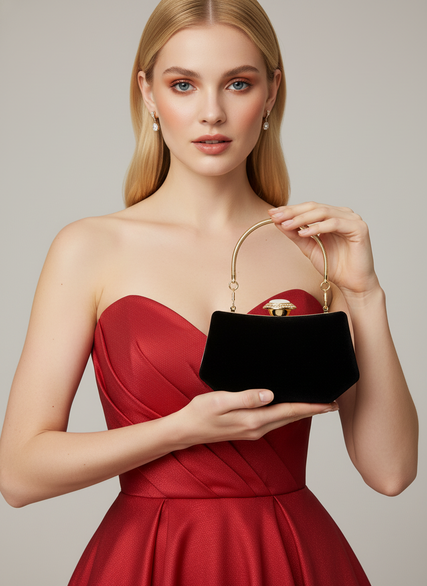 Siyah Kristal Taşlı İnci Detaylı Lüks Abiye Çanta Clutch