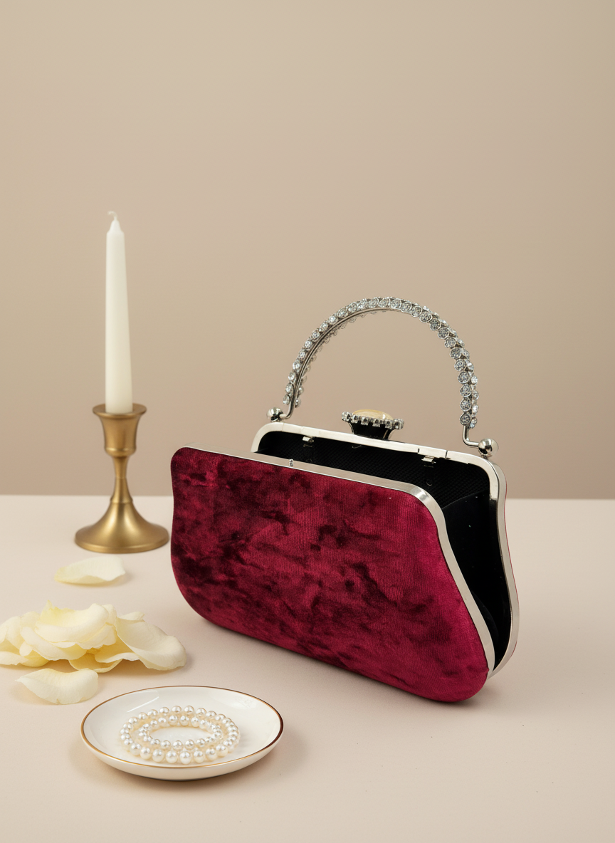 Lüks Kadife İnci İşlemeli Abiye Çanta | Gece ve Düğün Çantası
