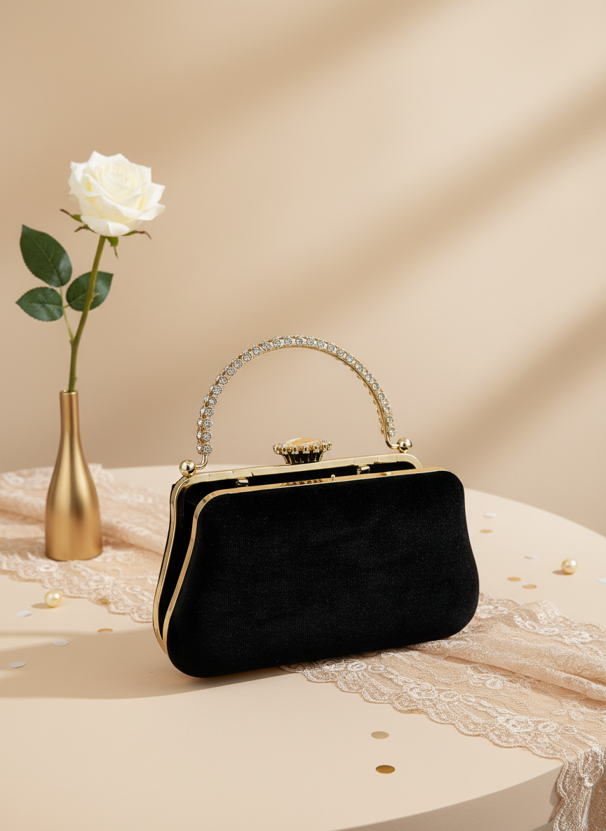 Lüks Kadife İnci İşlemeli Abiye Çanta | Gece ve Düğün Çantası