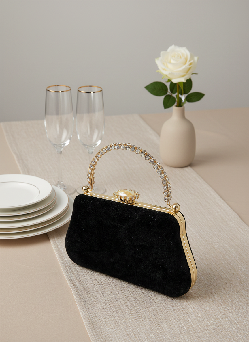 Lüks Kadife İnci İşlemeli Abiye Çanta | Gece ve Düğün Çantası