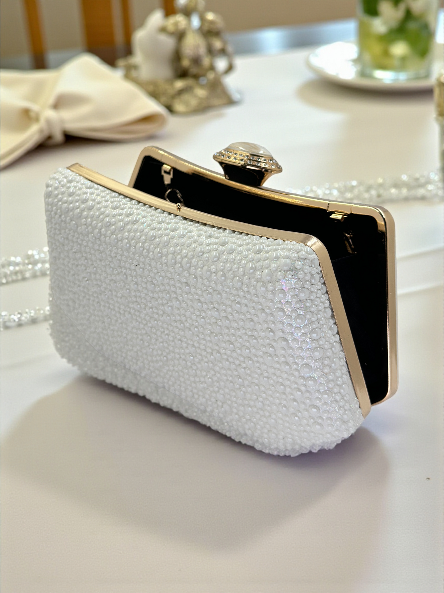 Lüks Kristal ve İnci Gece Çantası Clutch