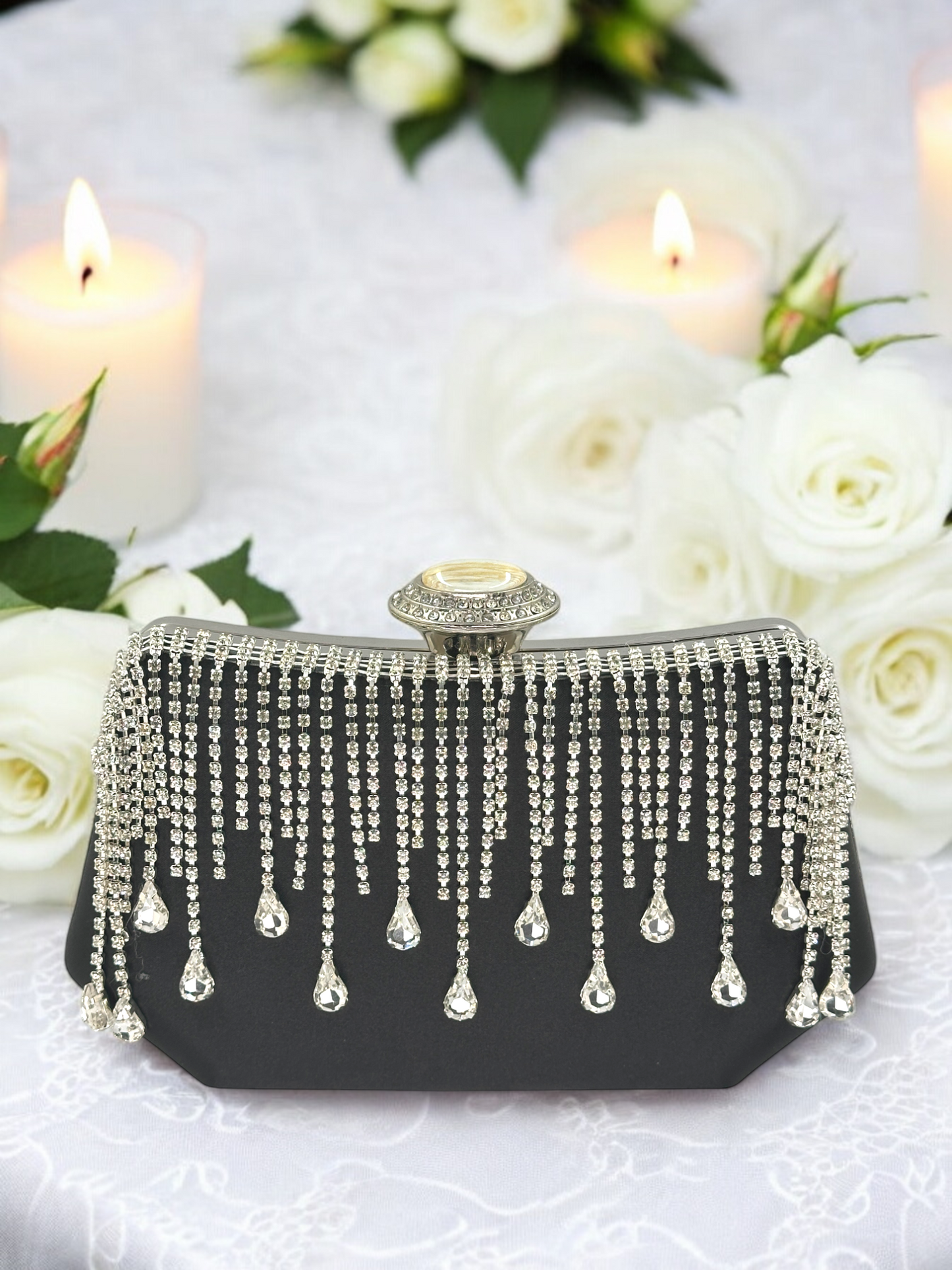 Swarovski Taşlı İnci Detaylı Lüks Saten Abiye Çanta