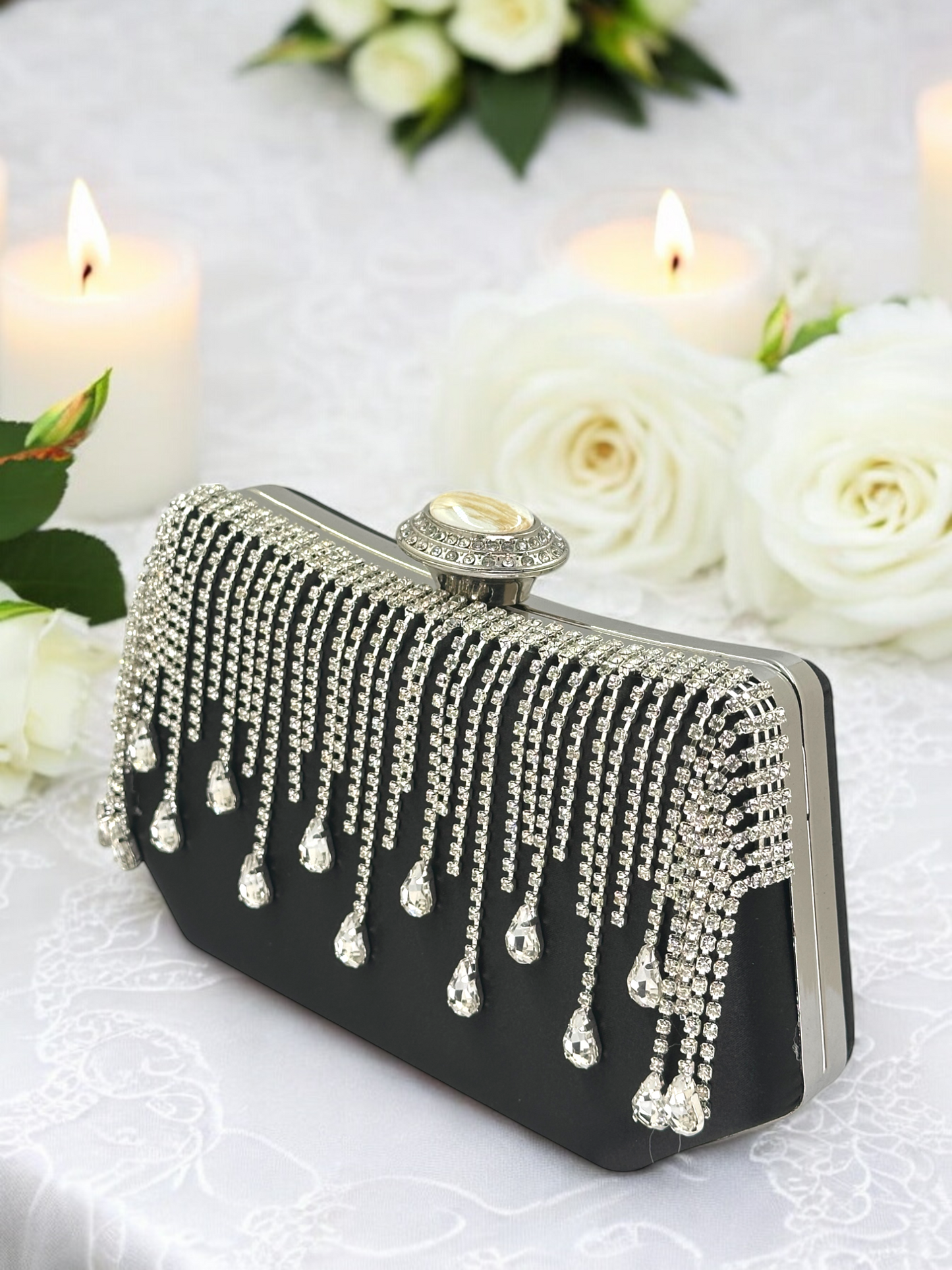 Swarovski Taşlı İnci Detaylı Lüks Saten Abiye Çanta