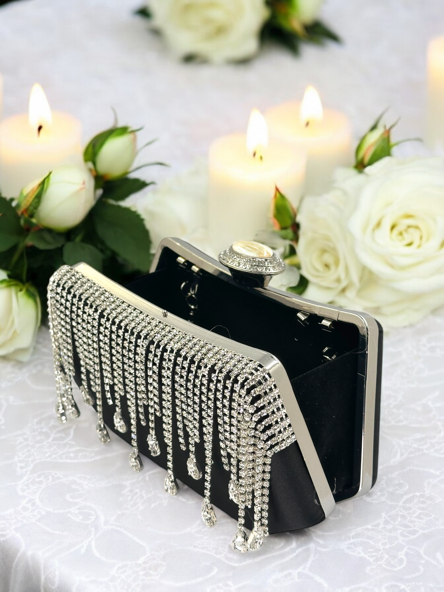 Swarovski Taşlı İnci Detaylı Lüks Saten Abiye Çanta