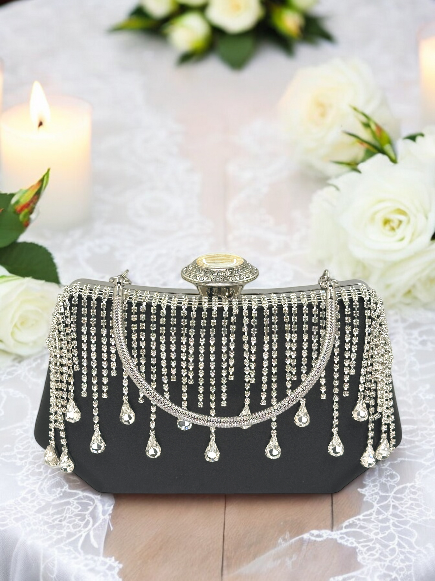 Swarovski Taşlı İnci Detaylı Lüks Saten Abiye Çanta