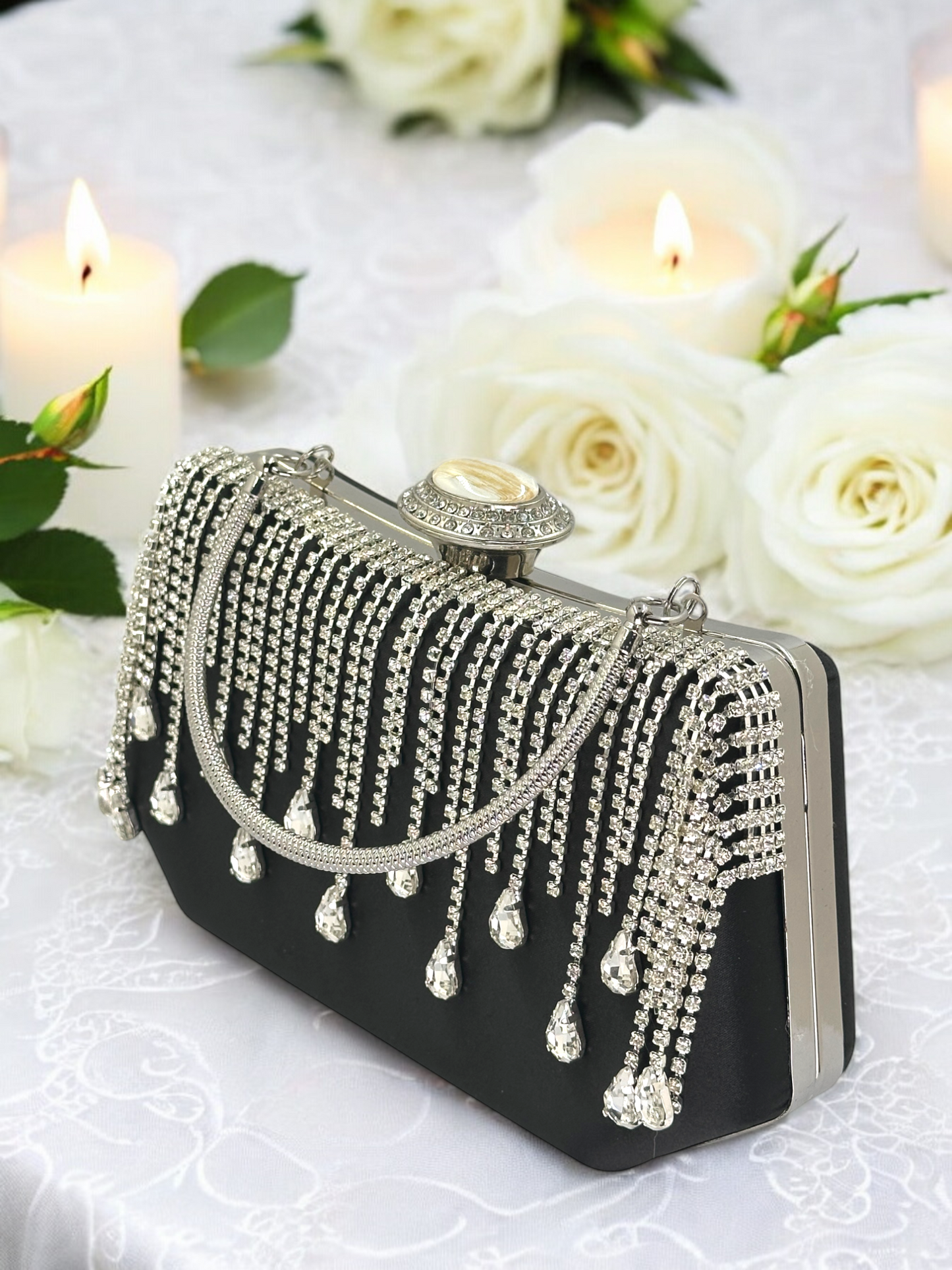 Swarovski Taşlı İnci Detaylı Lüks Saten Abiye Çanta