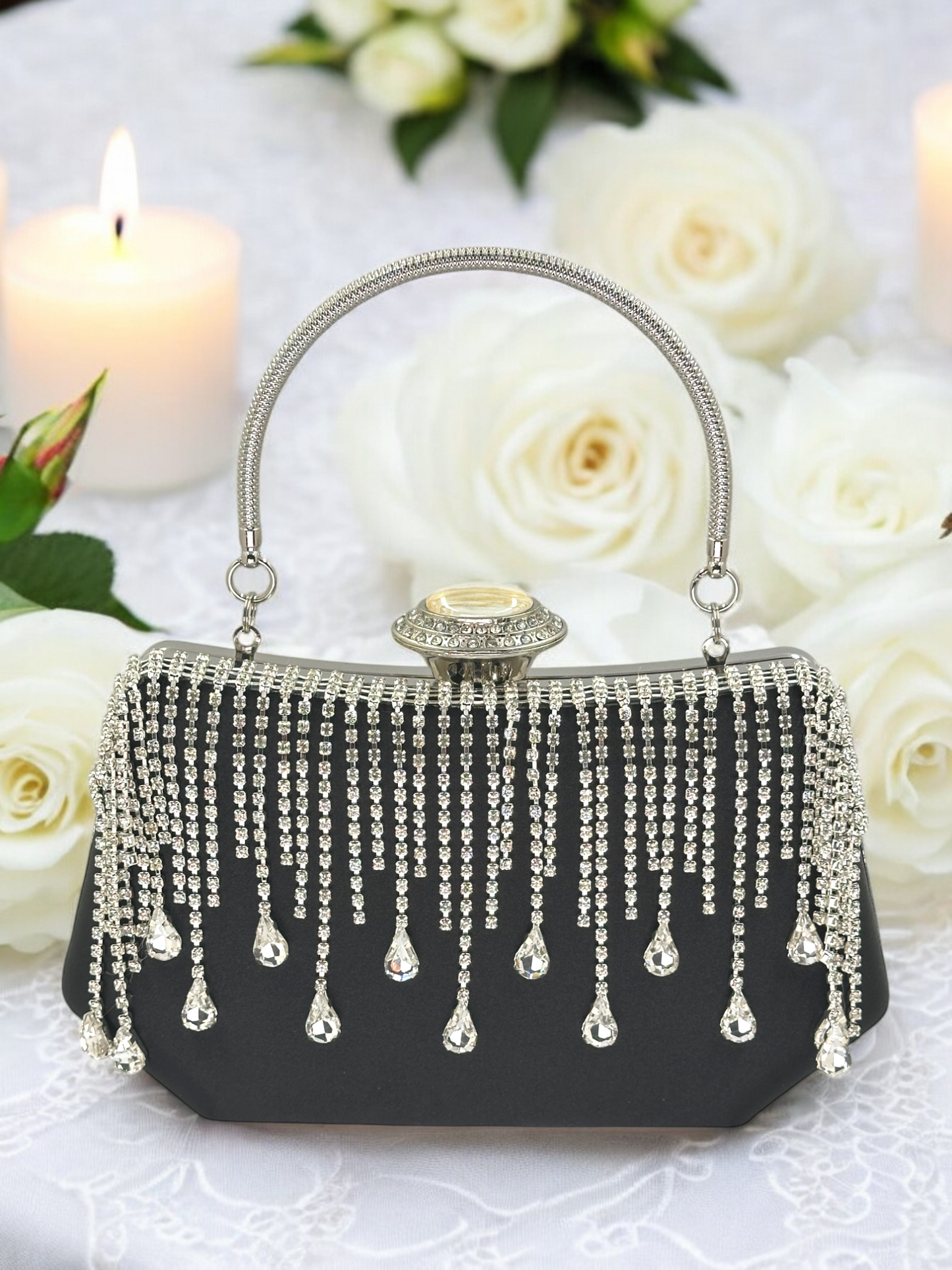 Swarovski Taşlı İnci Detaylı Lüks Saten Abiye Çanta