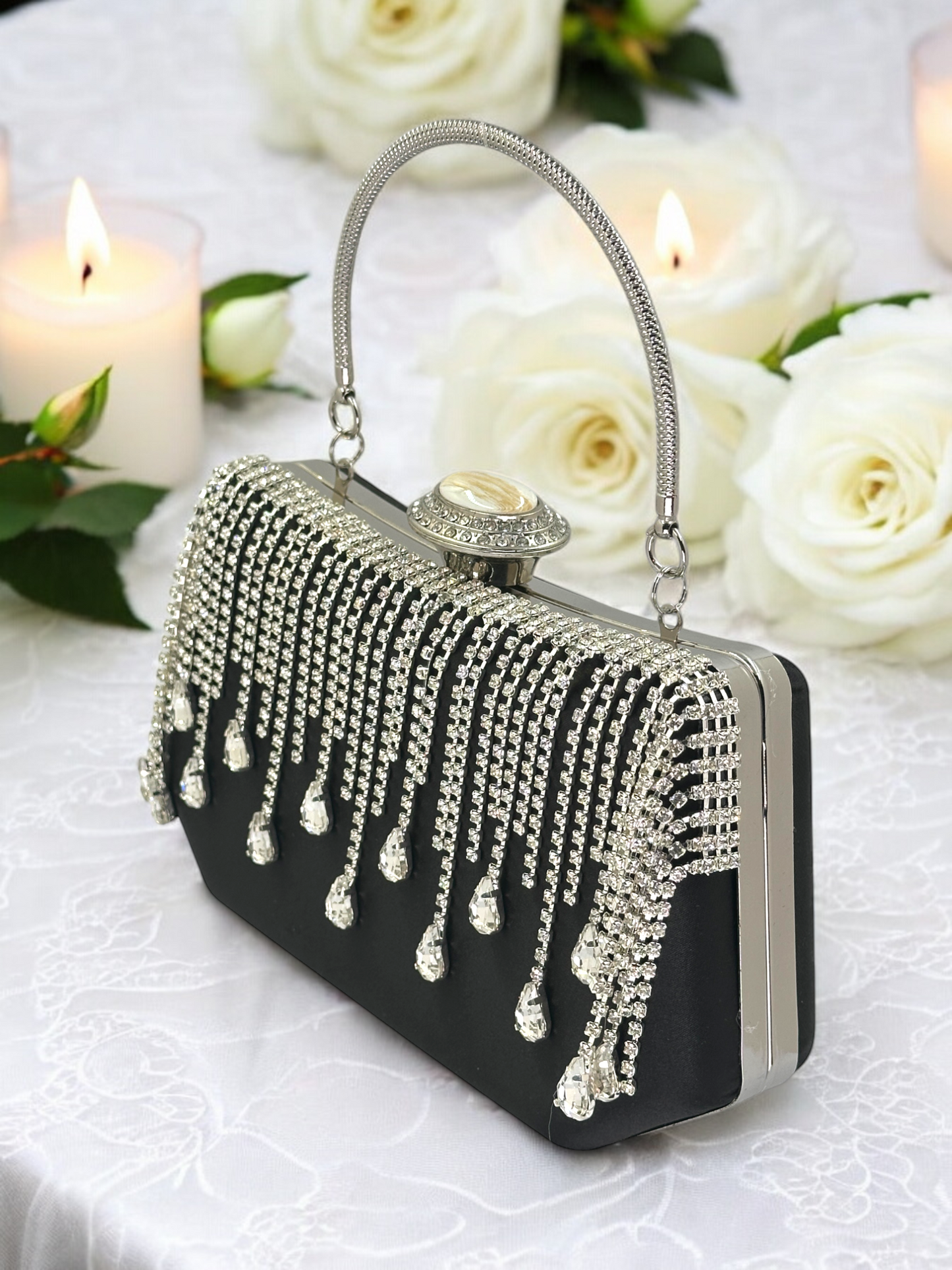 Swarovski Taşlı İnci Detaylı Lüks Saten Abiye Çanta