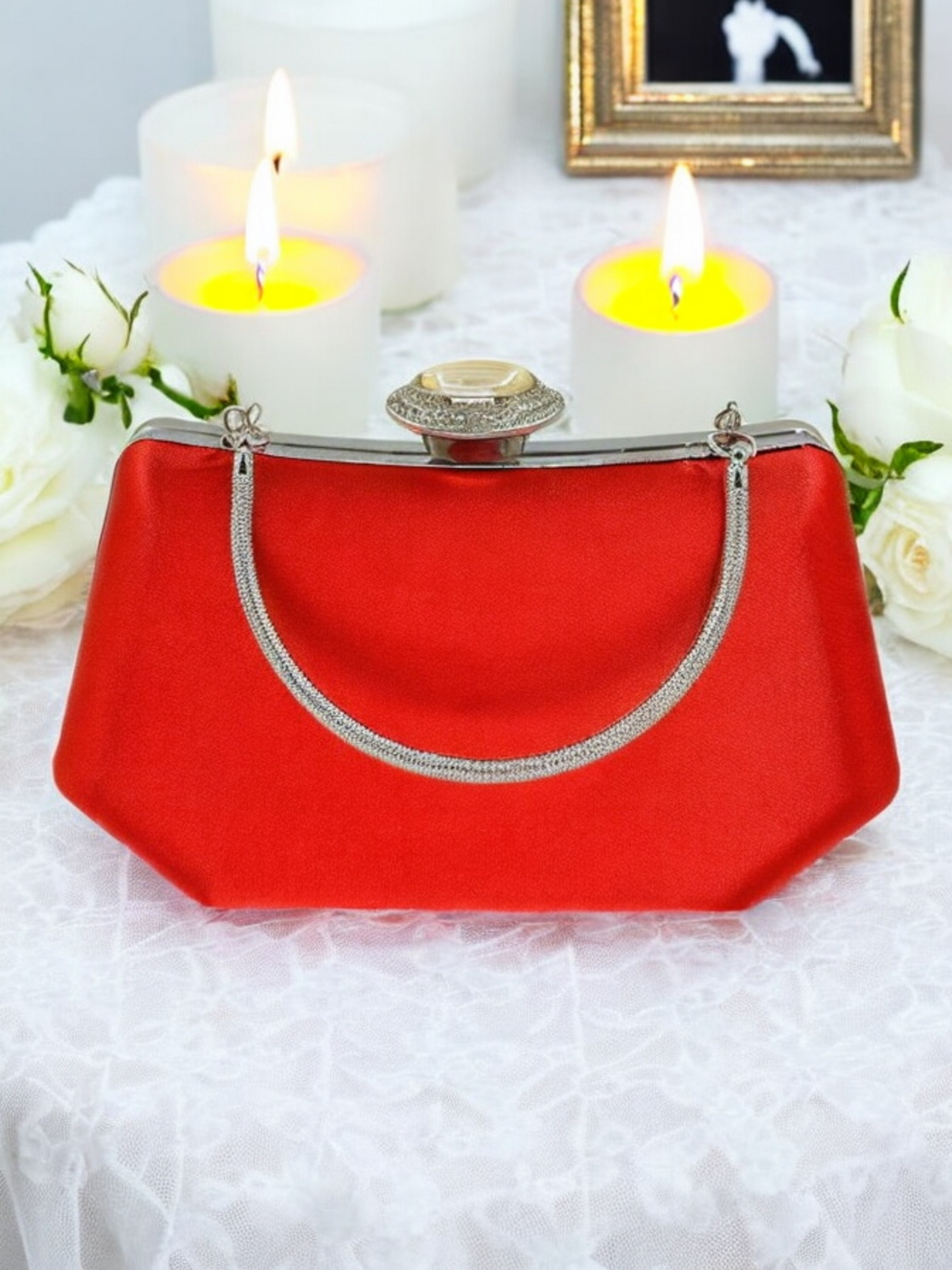 Kırmızı Saten Lüks Abiye Çanta | Kristal Taşlı İnci Clutch