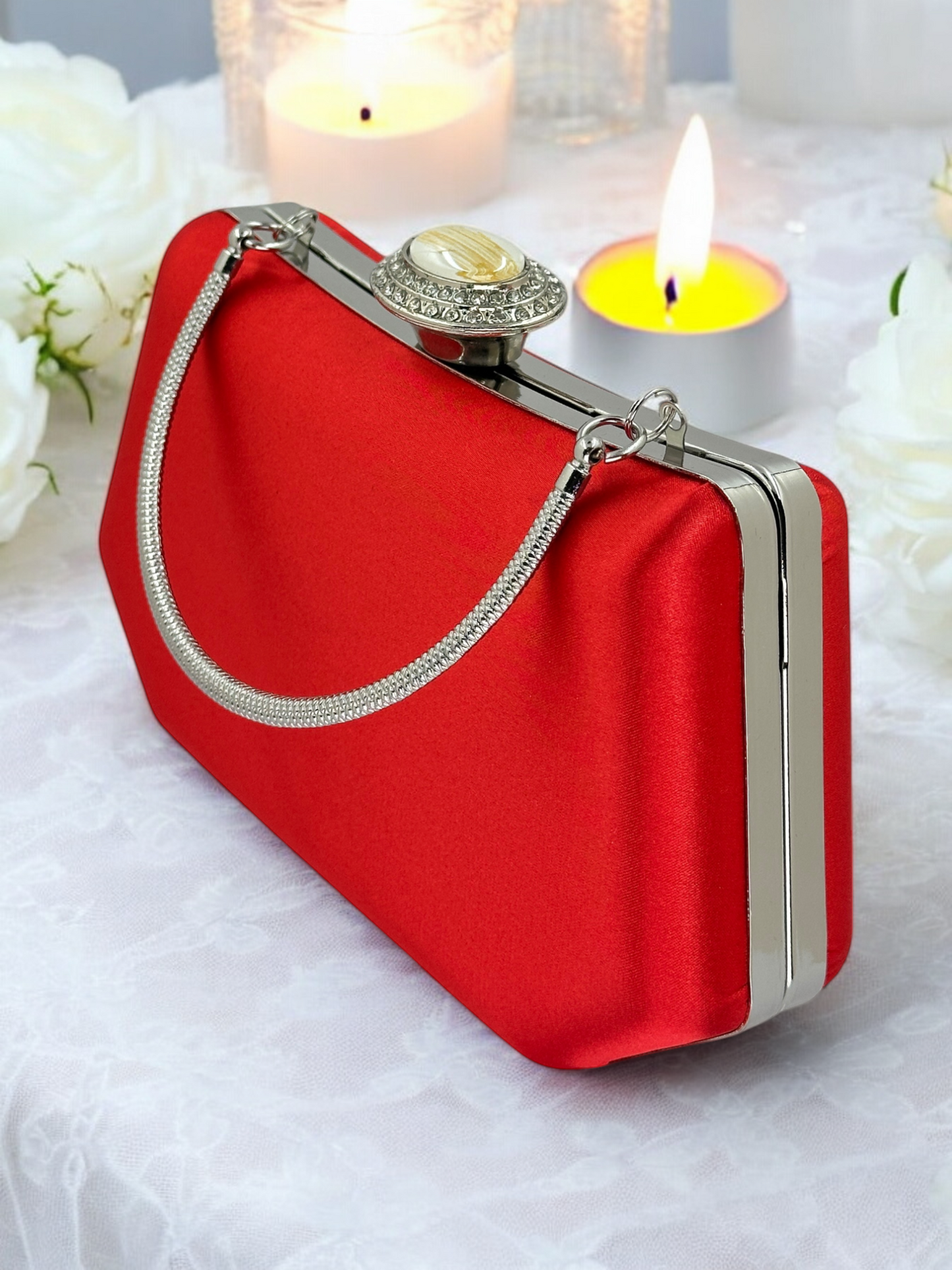 Kırmızı Saten Lüks Abiye Çanta | Kristal Taşlı İnci Clutch