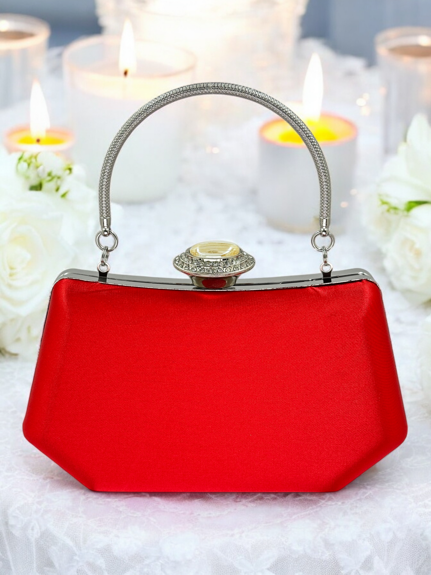 Kırmızı Saten Lüks Abiye Çanta | Kristal Taşlı İnci Clutch