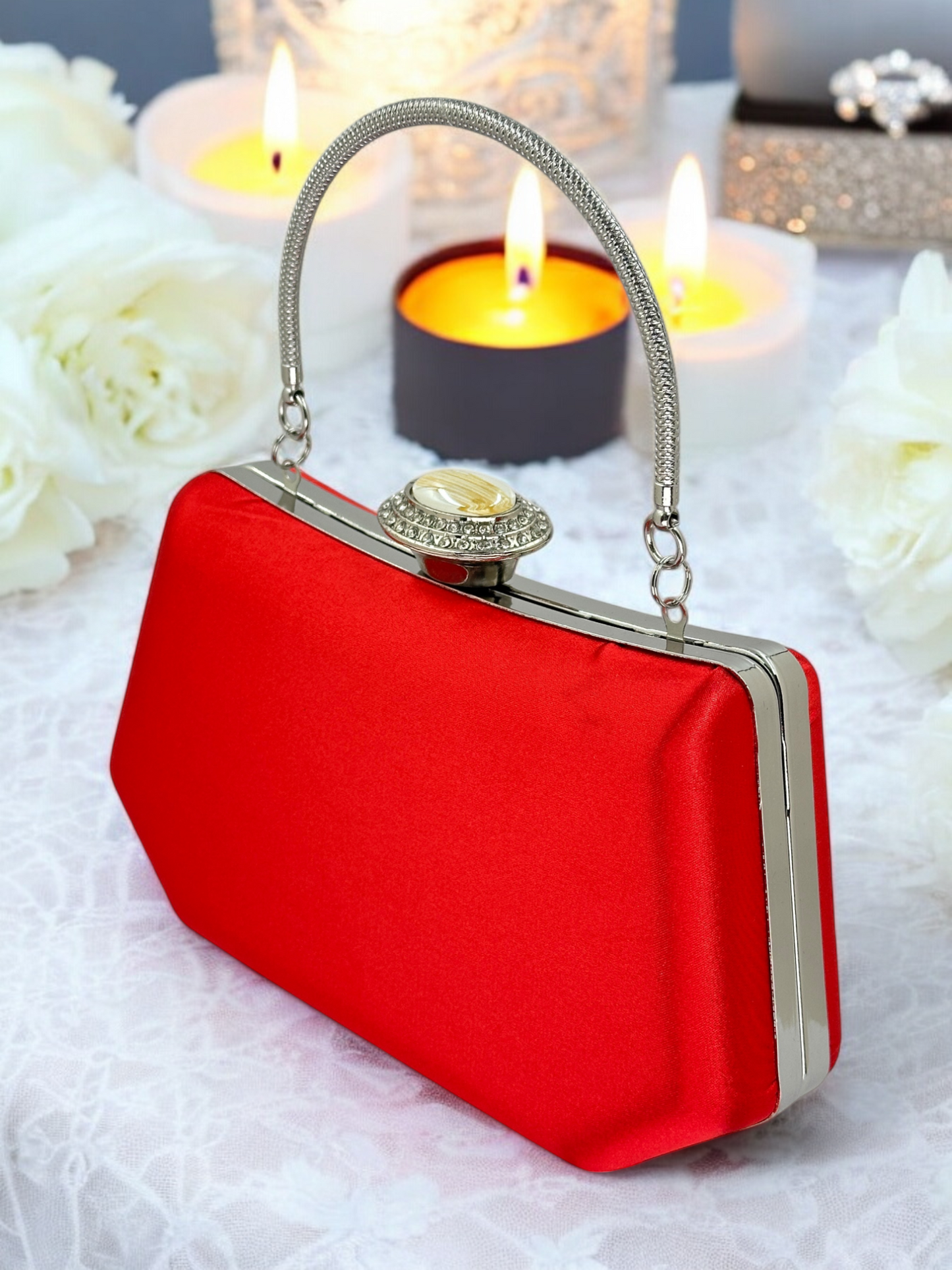 Kırmızı Saten Lüks Abiye Çanta | Kristal Taşlı İnci Clutch