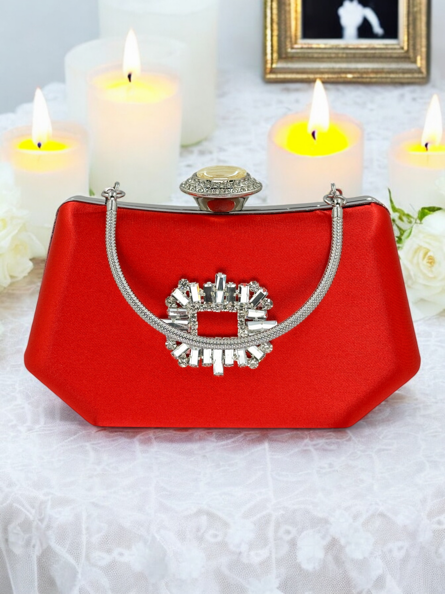 Kırmızı Saten Lüks Abiye Çanta | Kristal Taşlı İnci Clutch