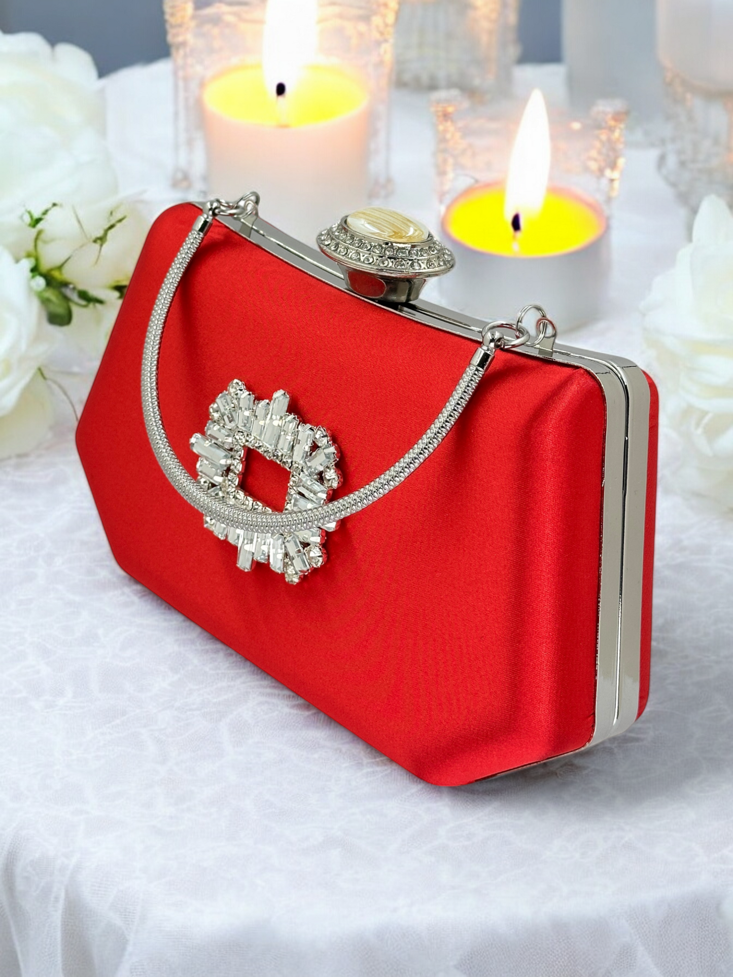 Kırmızı Saten Lüks Abiye Çanta | Kristal Taşlı İnci Clutch