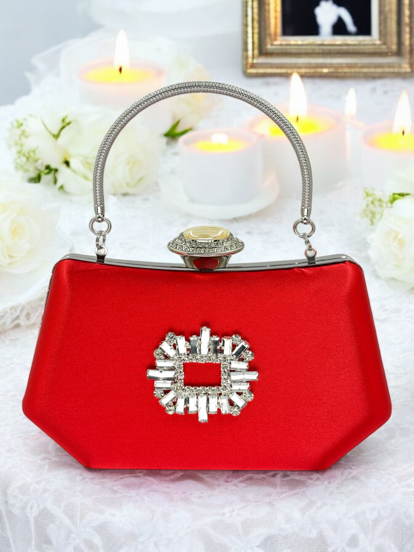 Kırmızı Saten Lüks Abiye Çanta | Kristal Taşlı İnci Clutch