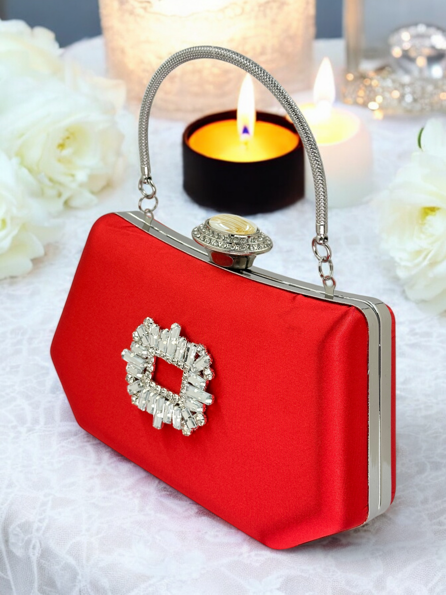 Kırmızı Saten Lüks Abiye Çanta | Kristal Taşlı İnci Clutch