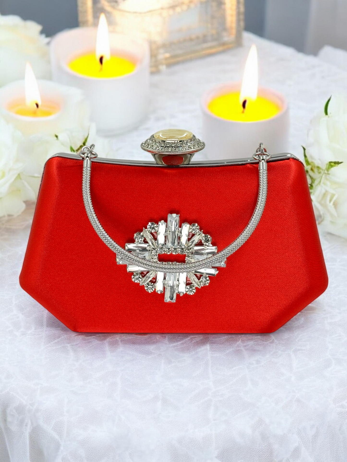 Kırmızı Saten Lüks Abiye Çanta | Kristal Taşlı İnci Clutch