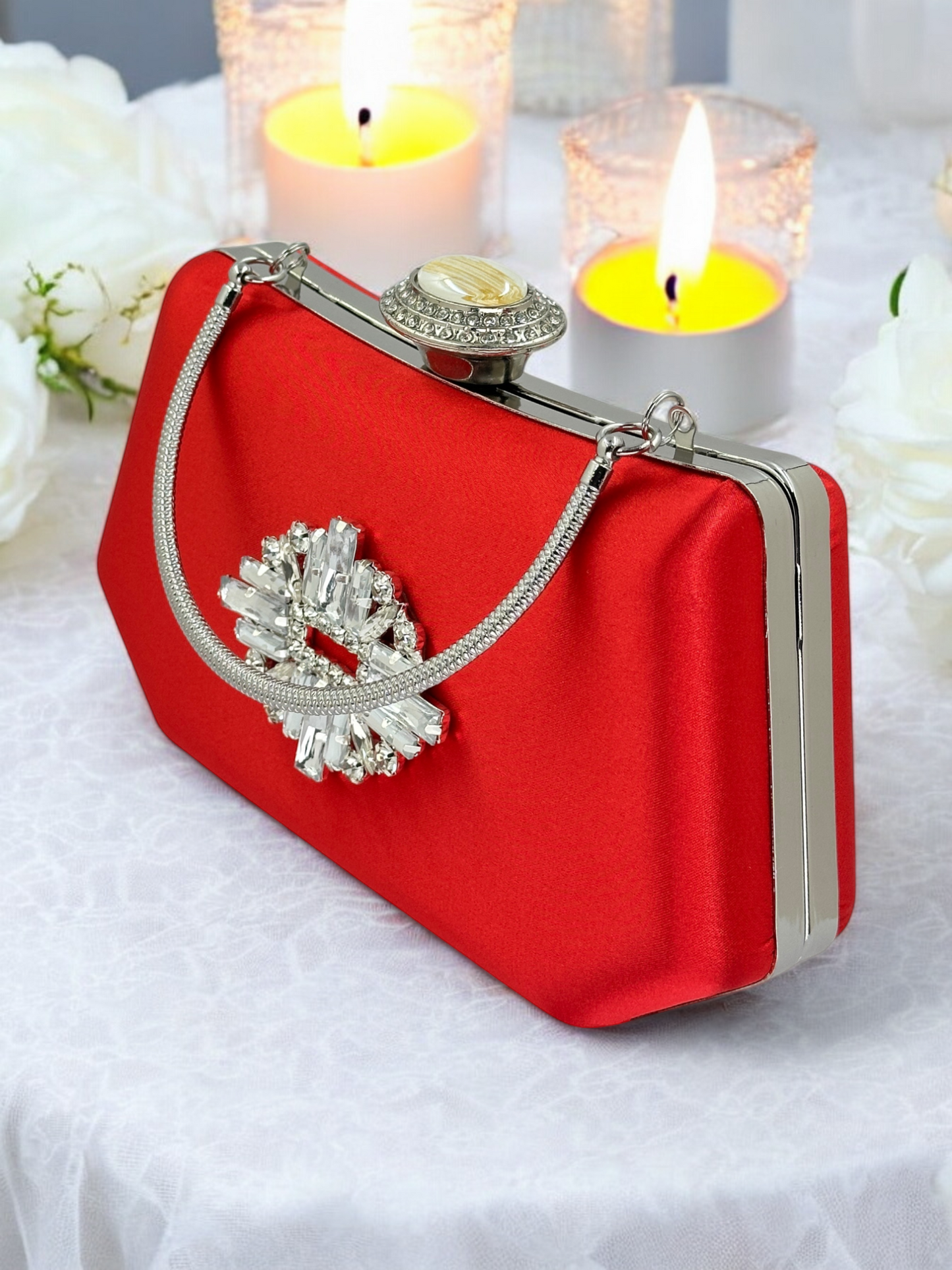 Kırmızı Saten Lüks Abiye Çanta | Kristal Taşlı İnci Clutch