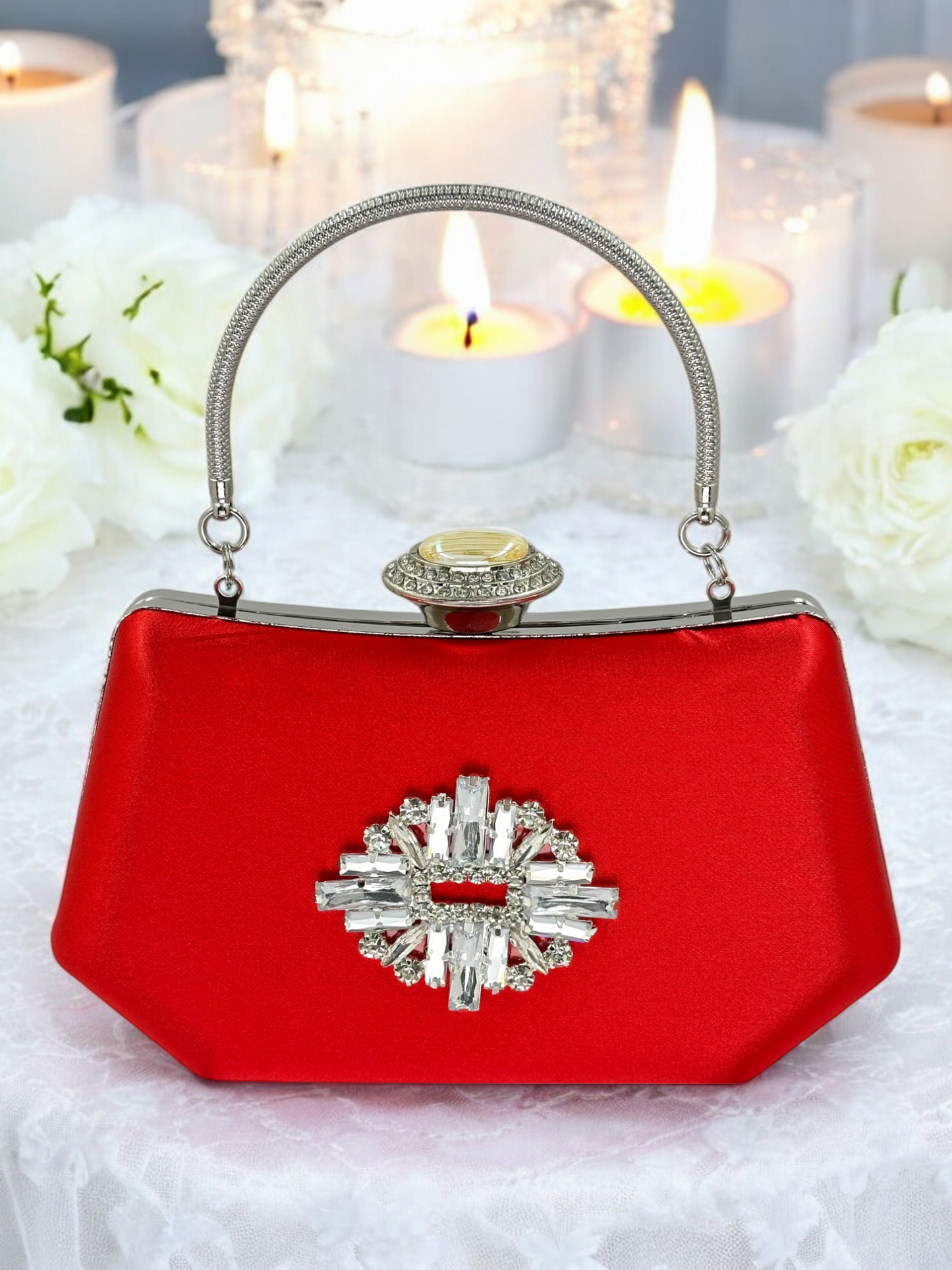 Kırmızı Saten Lüks Abiye Çanta | Kristal Taşlı İnci Clutch