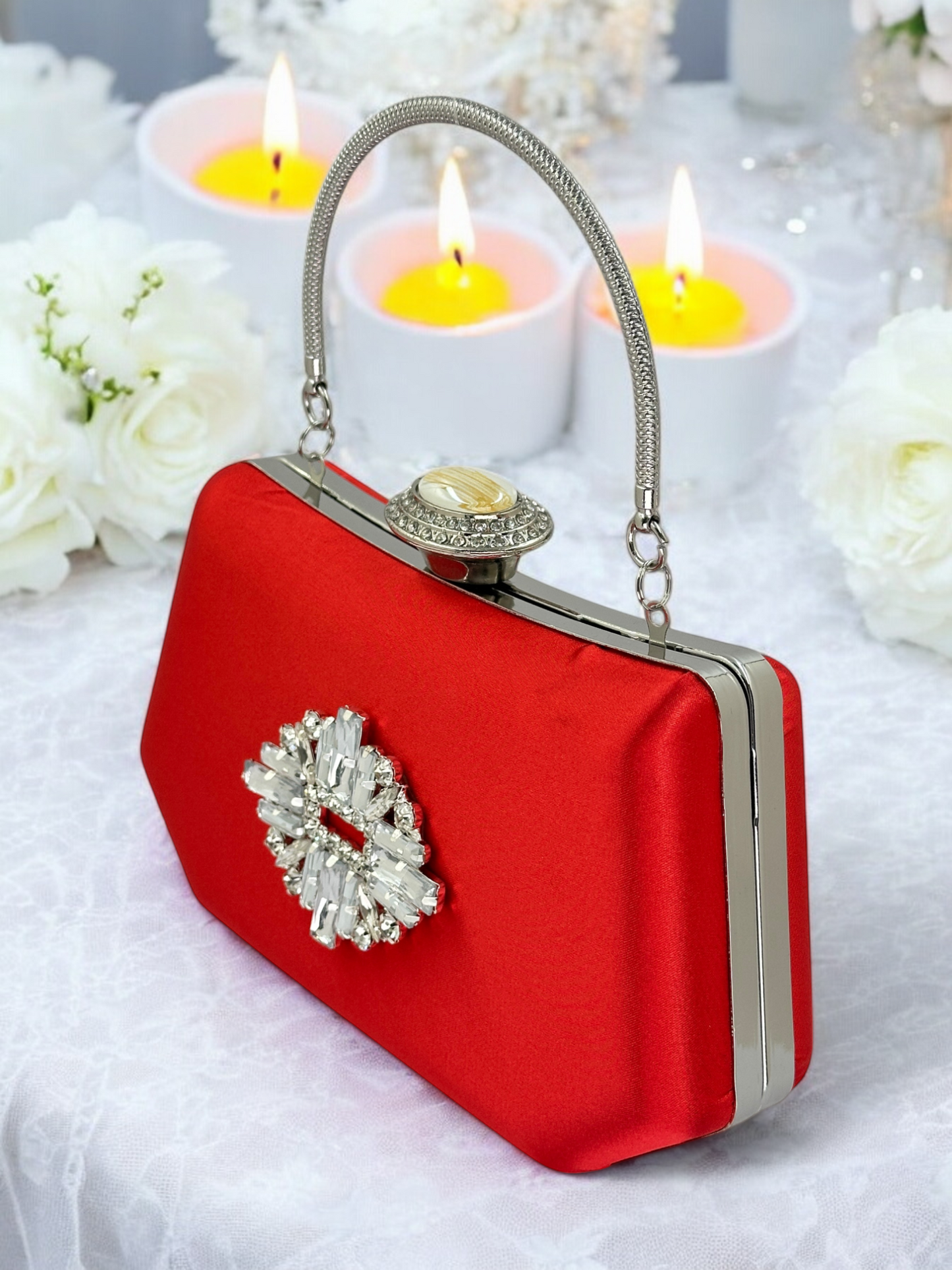 Kırmızı Saten Lüks Abiye Çanta | Kristal Taşlı İnci Clutch