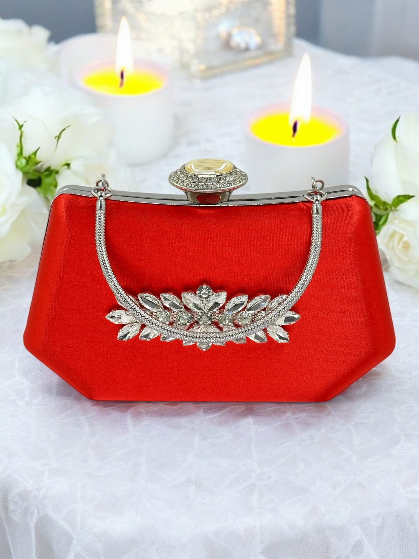 Kırmızı Saten Lüks Abiye Çanta | Kristal Taşlı İnci Clutch
