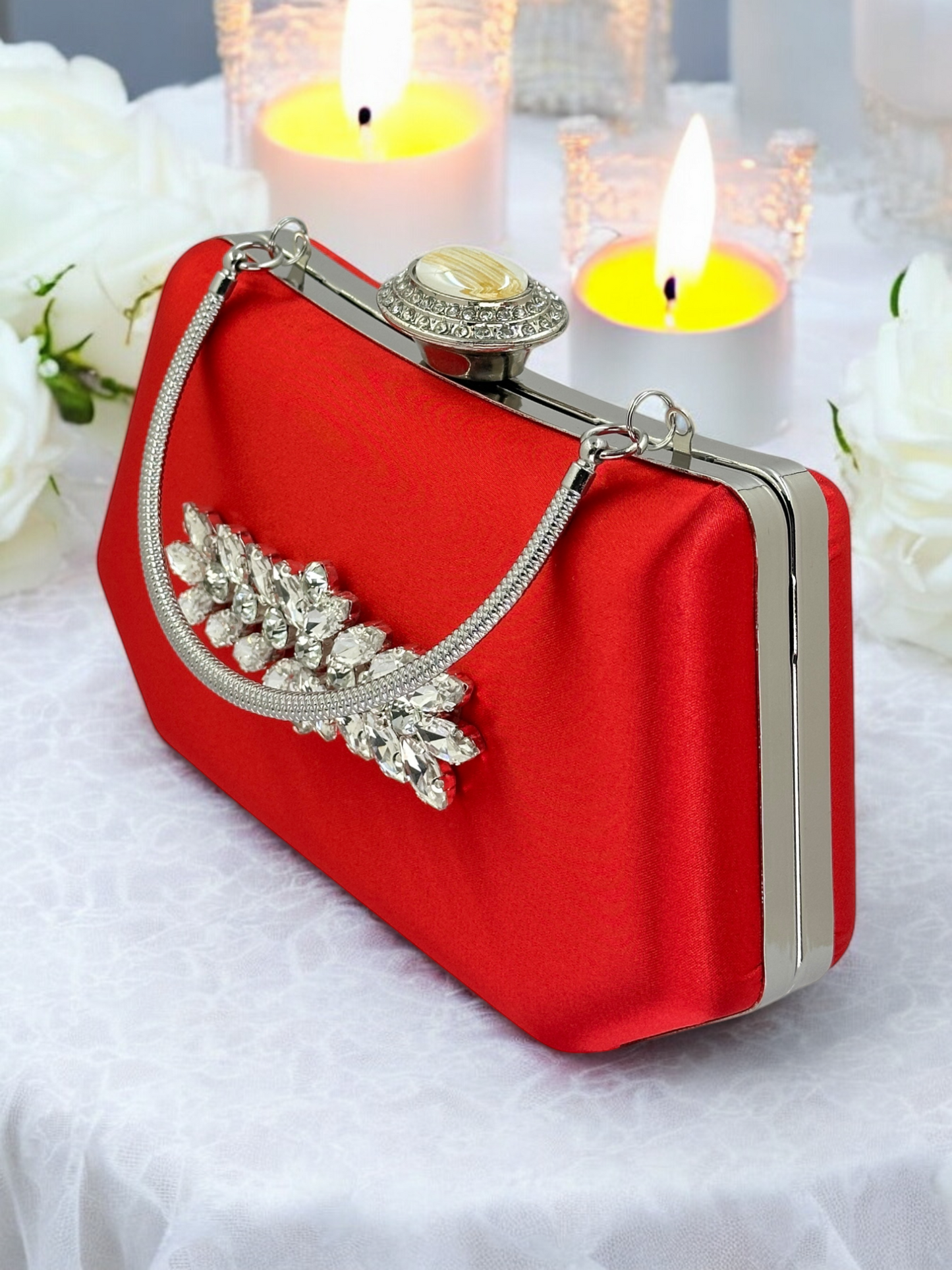 Kırmızı Saten Lüks Abiye Çanta | Kristal Taşlı İnci Clutch