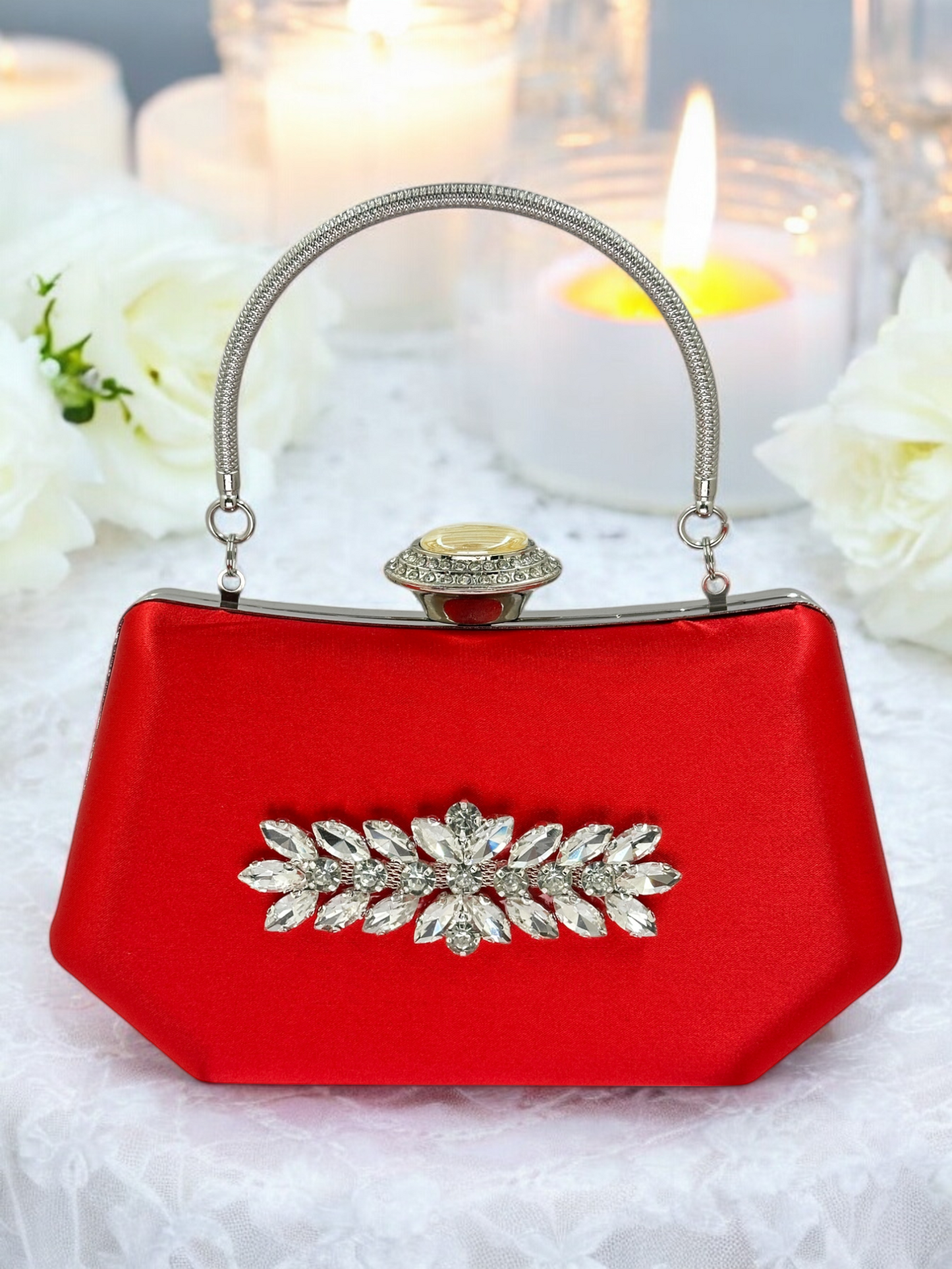 Kırmızı Saten Lüks Abiye Çanta | Kristal Taşlı İnci Clutch