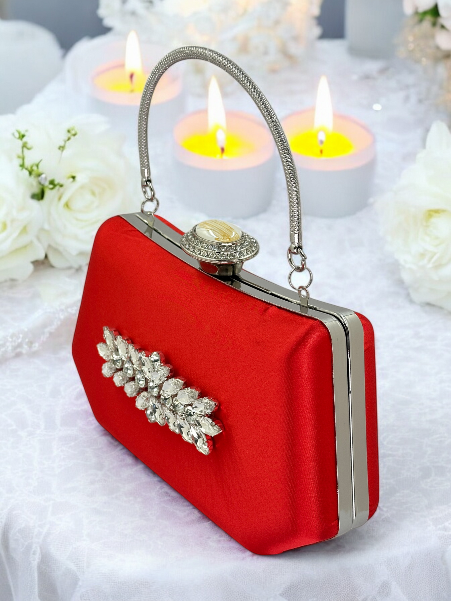 Kırmızı Saten Lüks Abiye Çanta | Kristal Taşlı İnci Clutch